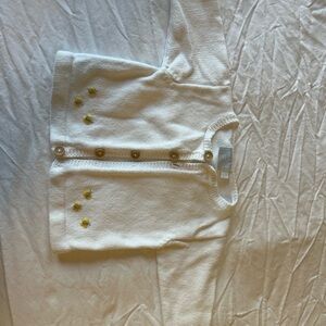 Little English White Sweater with crocheted bees